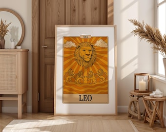 Lámina artística del tarot del zodiaco Leo, póster vintage de astrología del león (descarga digital)
