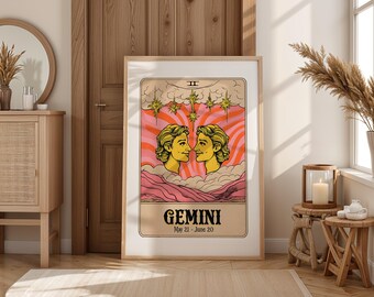 Lámina artística del Tarot del Zodíaco Géminis, Decoración Celestial Retro (Descarga digital)