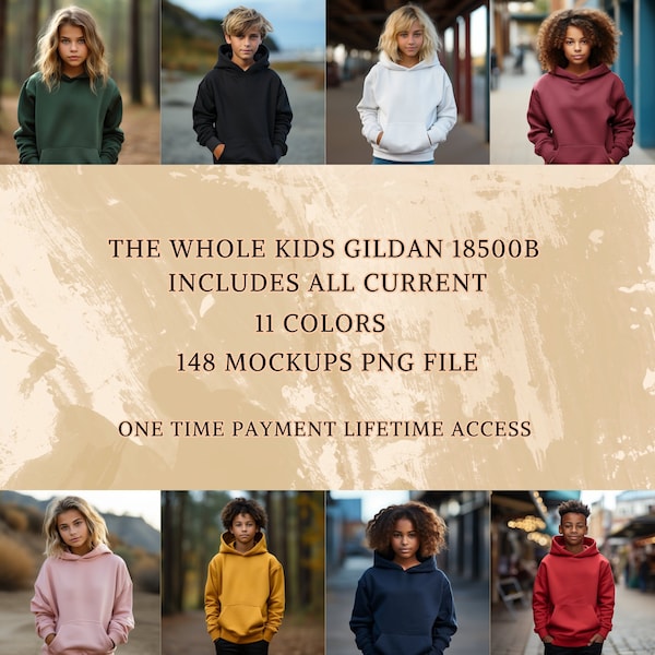 Whole 148 Kids Mockups Gildan 18500B Youth Hoodie 11 Colors Mockup Bundle Gildan 18500 Hoodie Mockup Models gildan youth hoodie mockups