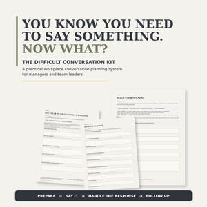 May include: A workplace conversation planning kit featuring three printed sheets with the titles Get Clear On What Actually Happened, Response Planner, and Build Your Opening. The text reads You Know You Need To Say Something. Now What?