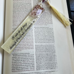 Resin Bookmark - I Can Do All Things Through Christ who Strengthens Me - White with Red Crushed Glass and Flakes - 5.5&quot;