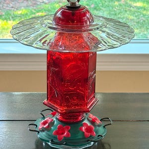 Glass Hummingbird Feeder - Red Dome