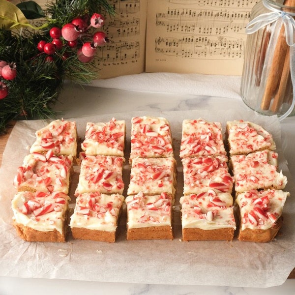 Peppermint Blondies Recipe | Christmas Candy Cane Blondies with Cream Cheese Frosting, Gourmet Christmas Dessert, Chewy White Brownies