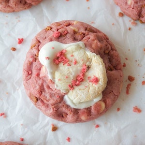 Strawberry S&#39;mores Stuffed Cookies Recipe | Gourmet Strawberry Marshmallow Cookie, Giant Loaded Berry Cookie, Chunky White Chocolate Cookie