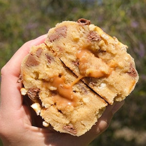 Toffee Pretzel Stuffed Cookies Recipe | Giant Kitchen Sink Loaded Cookies, Homemade Cookie Dessert, Caramel Cookies, Chunky Loaded Cookie