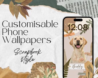 May include: A customizable phone wallpaper in a scrapbook style with a beige background, a digital clock displaying 12:08, a photo of a golden retriever dog with the name "Buddy" written below, and various floral and leaf accents.