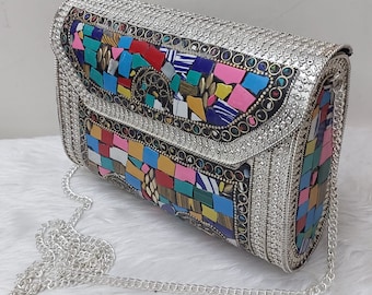 Ethnic Metal Clutch Women Antique Party Clutch Bag Ethnic Metal Purse Chain Hanging Metal