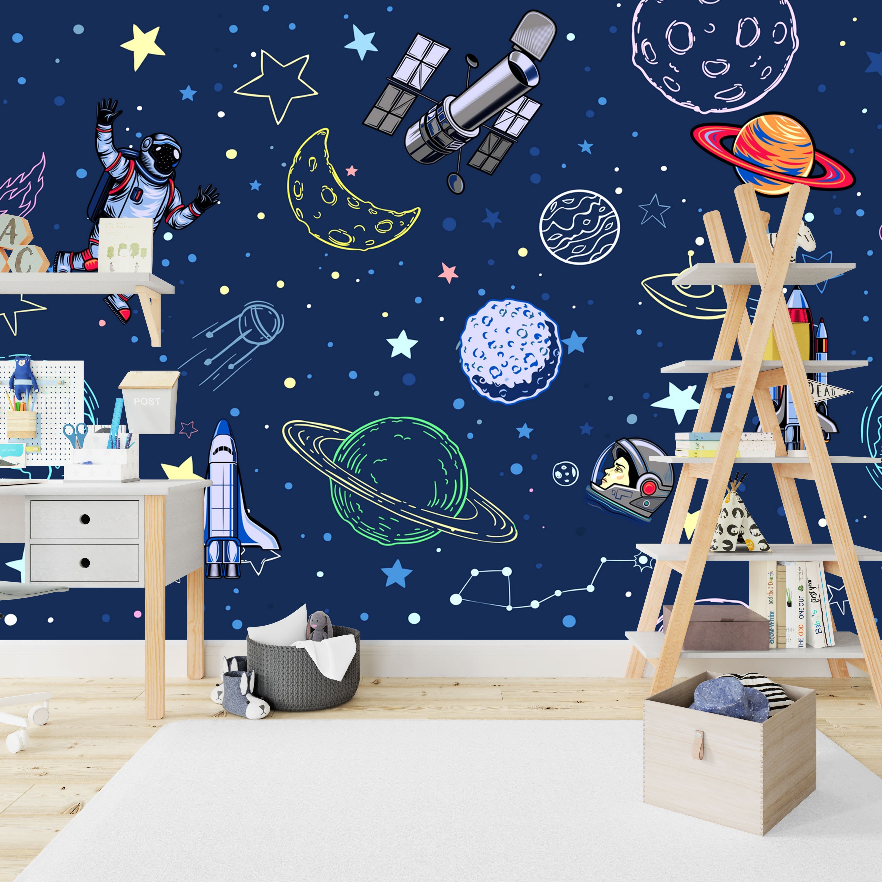 Space Kids Room Wallpaper, Peel and Stick Astronaut With Planets ...