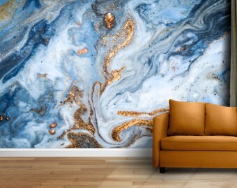 Blue and White Marble Look Wallpaper with Gold Details, Peel and Stick Abstract Art Marble Texture Wall Mural,Modern-Self Adhesive-Removable