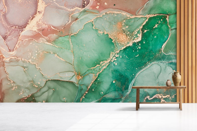 Pink and Green Marble Look Wallpaper With Gold Details, Peel and Stick
