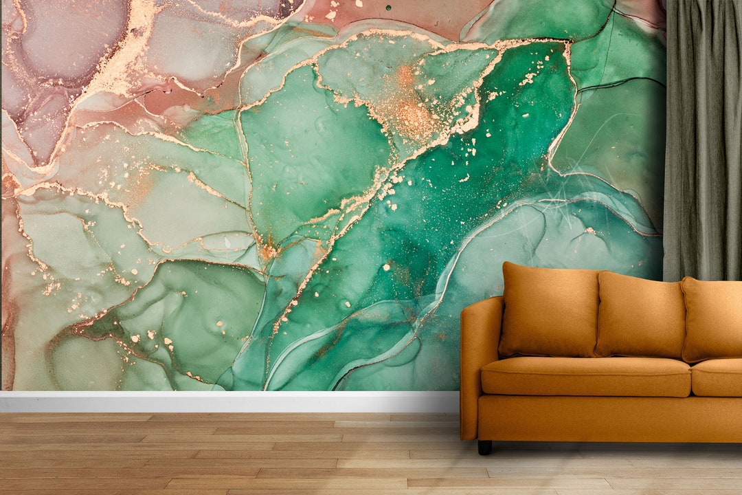 Pink and Green Marble Look Wallpaper With Gold Details, Peel and Stick