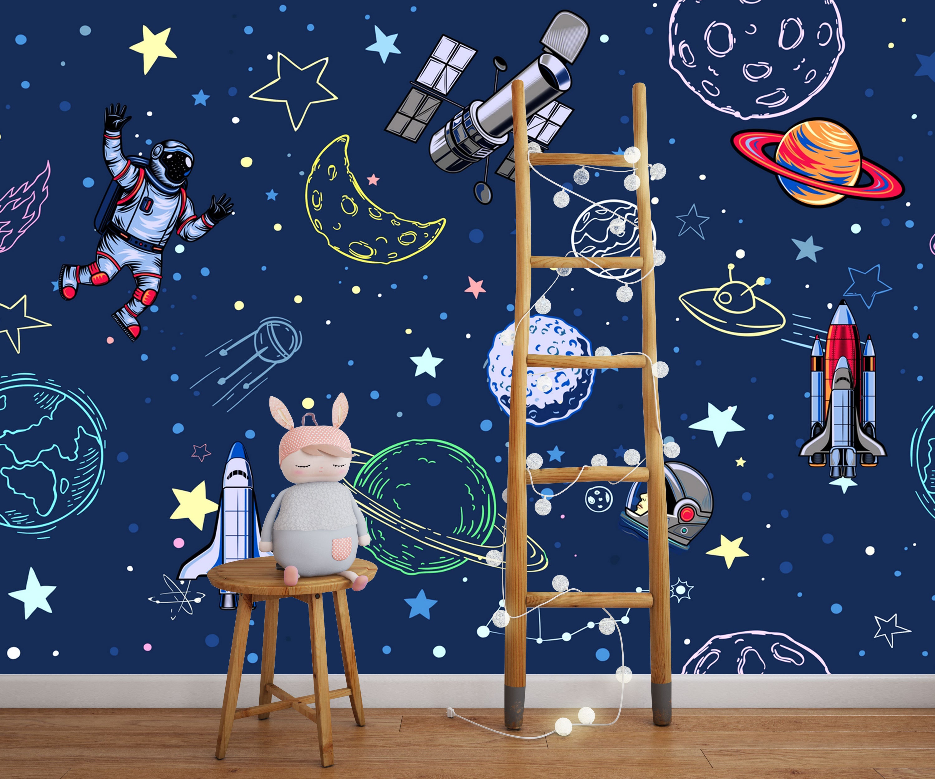 Space Kids Room Wallpaper, Peel and Stick Astronaut With Planets ...