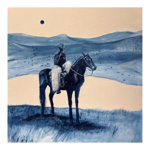 May include: An oil painting depicts a cowboy on a dark horse in a blue-toned landscape. The cowboy wears a hat and jacket, and the horse has a white saddle blanket. The background features rolling hills and a pale sky with a dark circle.