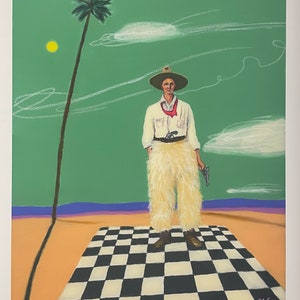 May include: A painting of a man wearing a cowboy hat and white pants standing on a black and white checkered floor. The background is a green landscape with a palm tree and clouds.