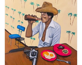 Over-Easy Giclee Print: Cowboy, Gun, and Breakfast Art