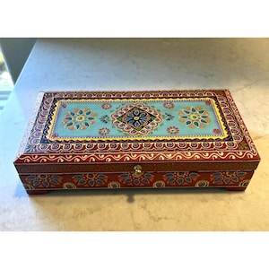 Hand Painted Wooden Jewelry Keepsake Trinket Box w brass knob 11”x 5.5”x 2.25”