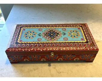Hand Painted Wooden Jewelry Keepsake Trinket Box w brass knob 11”x 5.5”x 2.25”