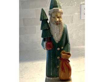 Old World Wood Carved Santa Claus With Red Bag And Tree Christmas Figurine 13”
