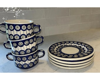 Lot Of Boleslawiec Polish Pottery Peacock Handmade 4 Plates & 3 Soup Mugs