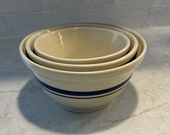 Set of 3 Roseville Friendship Pottery Stoneware Nesting Mixing Bowls Blue Band