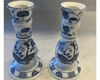 Vienna Woods Fine China Blue Onion Candlesticks 6” Set Of 2 Japan Seymour Mann