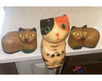 3 Vintage Handcarved Wooden Cat Figurines Primitive Folkart Shelf Sitter Fishing