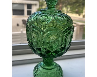 Vintage  Green Glass LE Smith Moon And Stars Lidded Candy / Compote