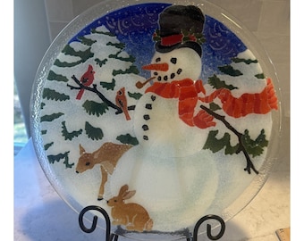 peggy karr Fusingglas Teller 11 ”Schneemann Weihnachten Waldtiere signiert