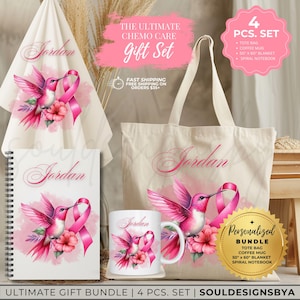 Personalized Hummingbird Chemo Gift Set: Comfort Blanket, Journal & Mug