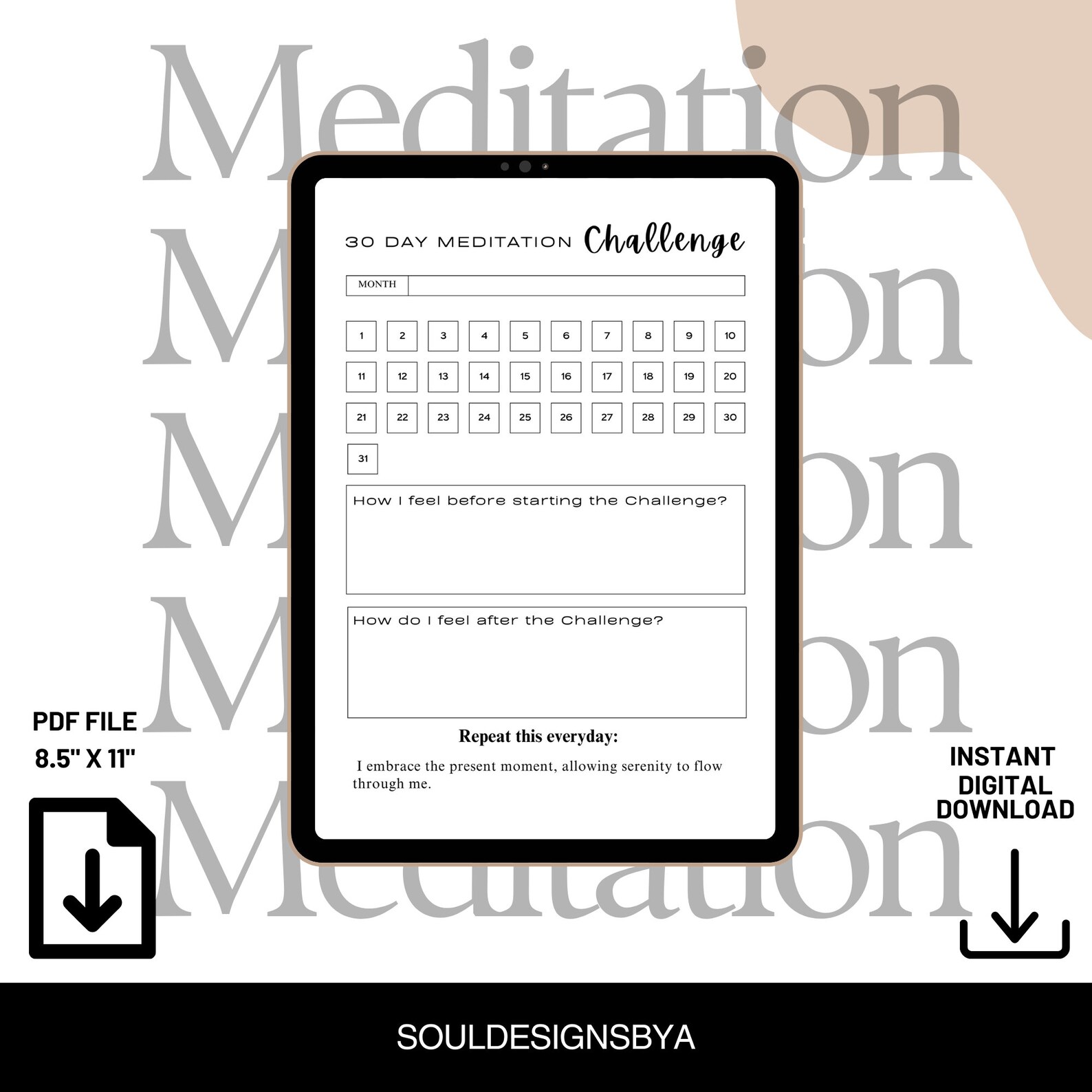 30 Day Meditation Printable, US LETTER 8.5 X 11 30 Day Challenge ...