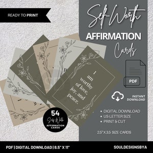 Daily Affirmation Cards for Self-Worth (54 Pack), Boosting Affirmation Cards, Empowering Self-Worth Cards, Mindfulness Cards for Her Gifts