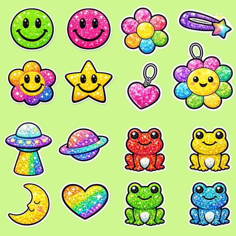 K&ouml;nnte beinhalten: Eine Sammlung glitzernder Aufkleber mit verschiedenen Designs auf hellgr&uuml;nem Hintergrund. Designs umfassen Smileys, Blumen, Sterne, eine Haarspange, einen Herzanh&auml;nger, ein UFO, einen Planeten, Fr&ouml;sche, einen Mond und ein Regenbogenherz.