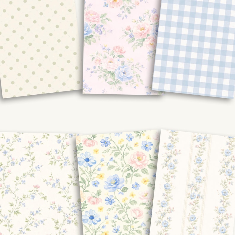 Puede incluir: Una colecci&oacute;n de papeles estampados con dise&ntilde;os florales, de lunares y cuadros. Los estampados florales incluyen rosas rosas y azules. La paleta de colores es suave y pastel, con una est&eacute;tica vintage o cottagecore.