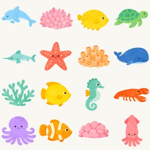 May include: A collection of colorful, cartoon-style sea creatures and coral. The image includes a blue dolphin, yellow fish, green turtle, red starfish, and a purple octopus. Other sea life includes a seahorse, lobster, and whale.