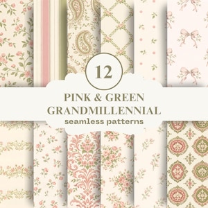 Digitalt blommigt papperspaket | Rosa och gröna Grandmillennial-mönster (sömlösa, 300 DPI)