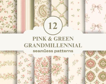 Floral Digital Paper Pack | Pink & Green Grandmillennial Patterns (Seamless, 300 DPI)