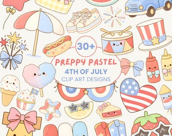Preppy Pastel 4th of July Clip Art Bundle | Kawaii Patriotic USA Designs (Digital Download)