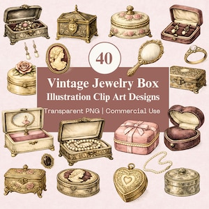 May include: A collection of vintage jewelry box illustrations in various shapes and sizes. The designs include boxes with floral accents, cameo portraits, and heart-shaped lockets. The image also includes a mirror, earrings, and a ring.