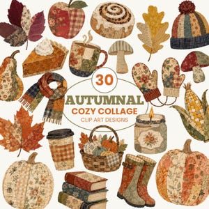 Autumn Collage Clip Art | Cozy Patchwork Pumpkins, Leaves, Mug, Scarf (Digital Download)