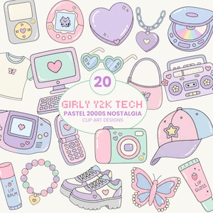 Puede incluir: Una colección de 20 ilustraciones digitales con objetos en tonos pastel, incluyendo una computadora, consolas de juegos portátiles, un teléfono plegable, una cámara, un radiocasete, gafas en forma de corazón, una gorra, zapatillas, joyas y productos labiales con el texto 20 GIRLY Y2K TECH PASTEL 2000S NOSTALGIA CLIP ART DESIGNS.