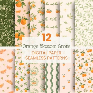 Könnte beinhalten: Eine Sammlung von 12 nahtlosen digitalen Papiermustern. Die Muster zeigen Orangenblüten und Orangen in verschiedenen Stilen, darunter Aquarell und Linienkunst. Der Text "Orange Blossom Grove" und "Digital Paper Seamless Patterns" ist zu sehen.
