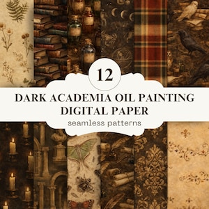 May include: A collection of 12 digital papers with a dark academia theme. The papers feature seamless patterns with illustrations of books, candles, butterflies, and vintage elements. The color palette includes browns, tans, and dark accents.