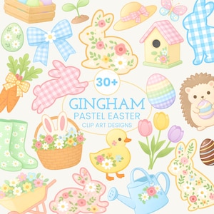 Gingham Easter Clipart Bundle | Pastel Bunny Clip Art | Spring Floral Graphics for Baby Shower