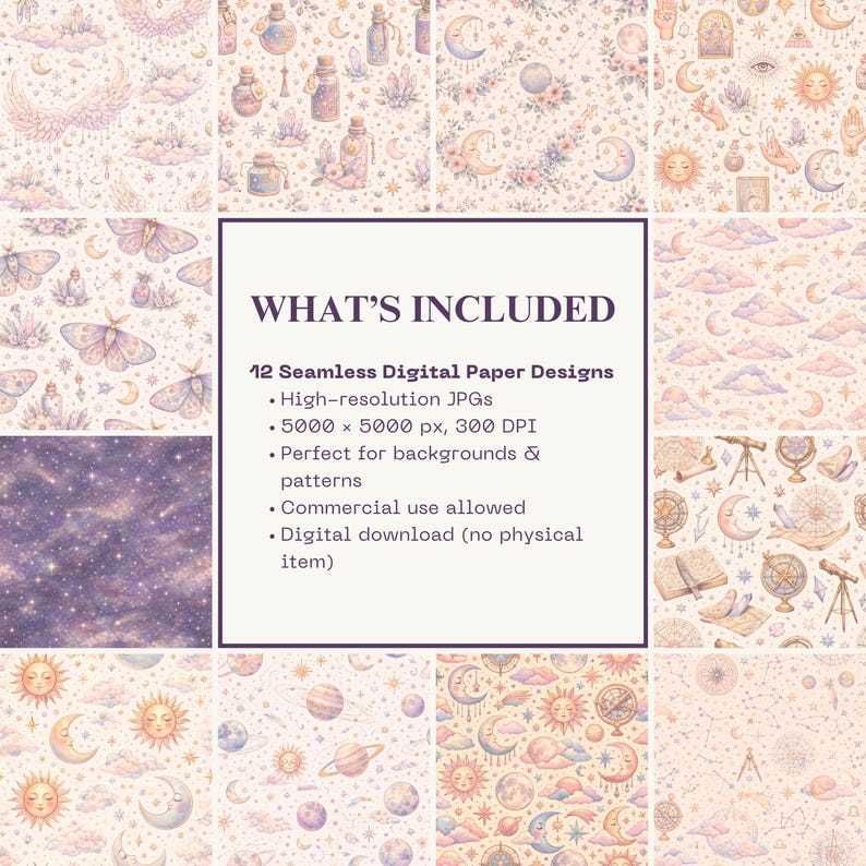 Pastel Celestial Digital Paper Pack | 12 Seamless Astrology & Moon ...