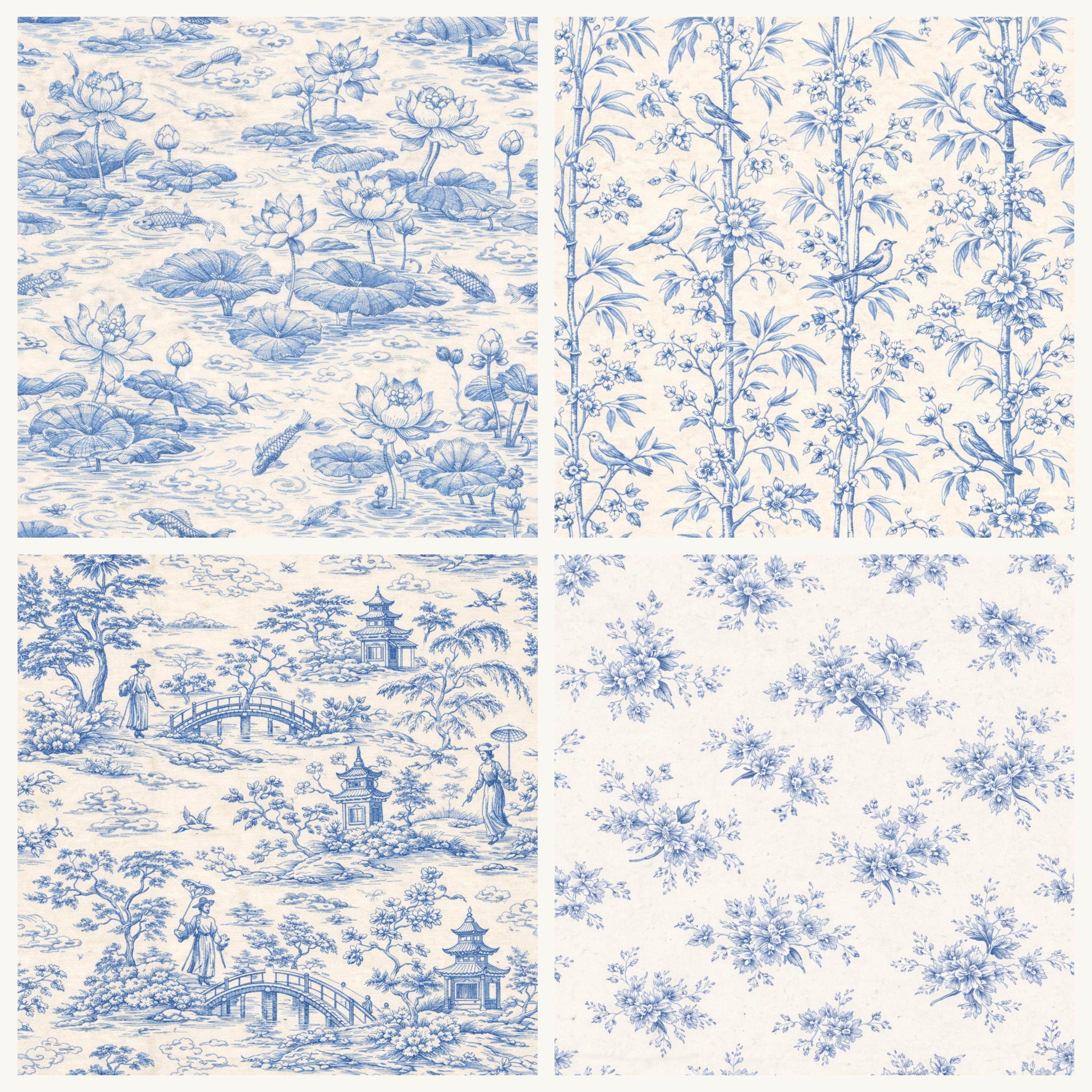 Classic Chinoiserie Digital Paper Pack | Blue Toile Seamless Patterns ...