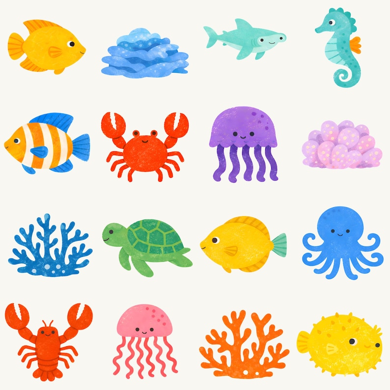 May include: A collection of colorful cartoon sea creatures, including fish, a shark, seahorse, crab, jellyfish, coral, turtle, octopus, lobster, and a pufferfish. The illustrations are in bright shades of yellow, orange, blue, green, and purple against a white background.