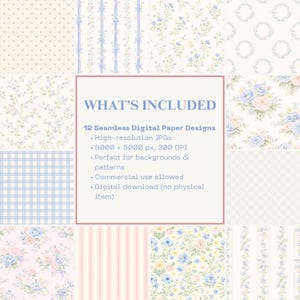 Puede incluir: Un dise&ntilde;o de papel digital con 12 patrones sin costuras. Los patrones incluyen dise&ntilde;os florales, de lunares, cuadros y rayas en colores pastel. El texto de la imagen dice "WHAT'S INCLUDED".