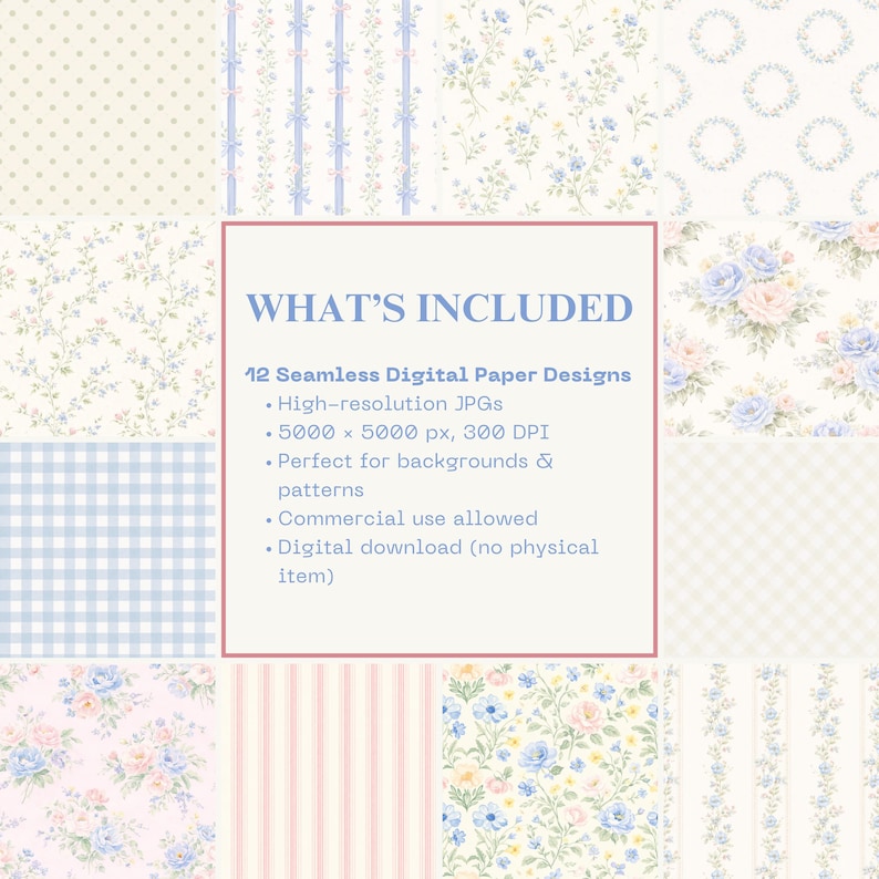 Puede incluir: Un dise&ntilde;o de papel digital con 12 patrones sin costuras. Los patrones incluyen dise&ntilde;os florales, de lunares, cuadros y rayas en colores pastel. El texto de la imagen dice "WHAT'S INCLUDED".