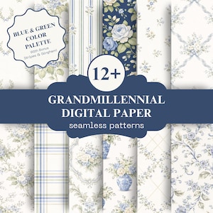 Könnte beinhalten: Eine Sammlung digitaler Papiere mit floralen und gemusterten Designs in Blau und Grün. Die Designs umfassen Streifen, Vichy-Muster und Blumenarrangements. Der Text auf dem Bild lautet "GRANDMILLENNIAL DIGITAL PAPER seamless patterns".