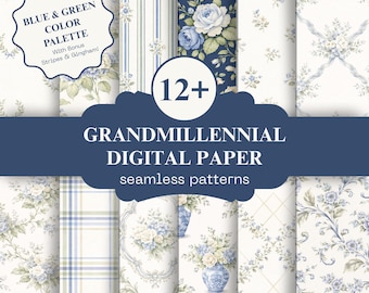Grandmillennial Blue Green Digital Paper Pack | Vintage Floral Seamless Patterns | Chinoiserie Roses Scrapbook JPGs